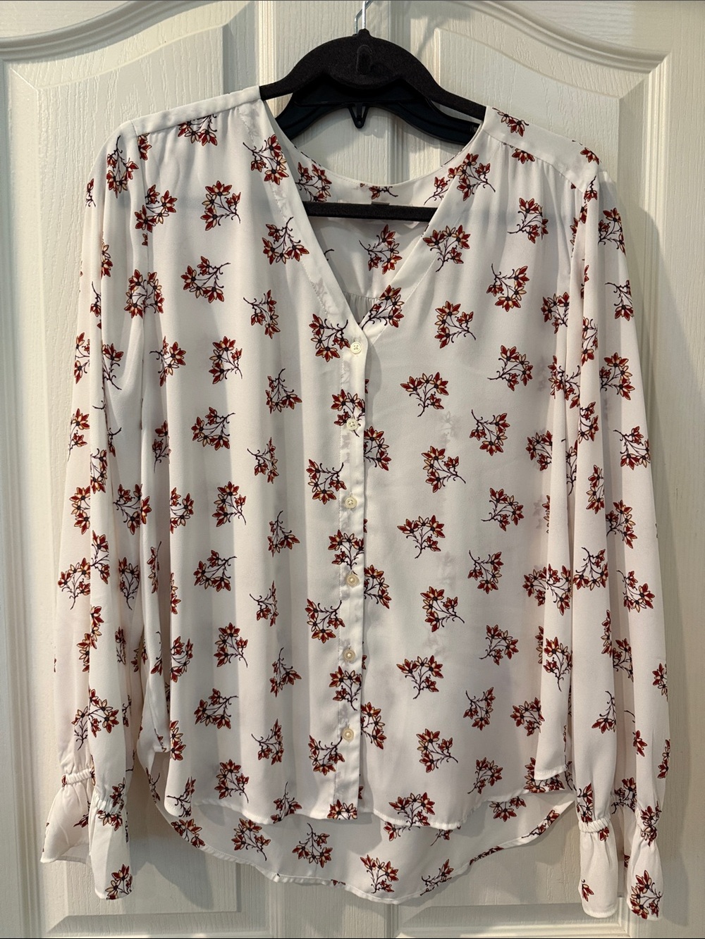 LOFT White Button-Front Blouse with Red Floral Print